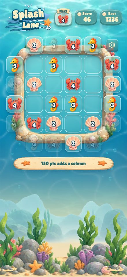 Matching seahorses, shells and crabs on the starting board
